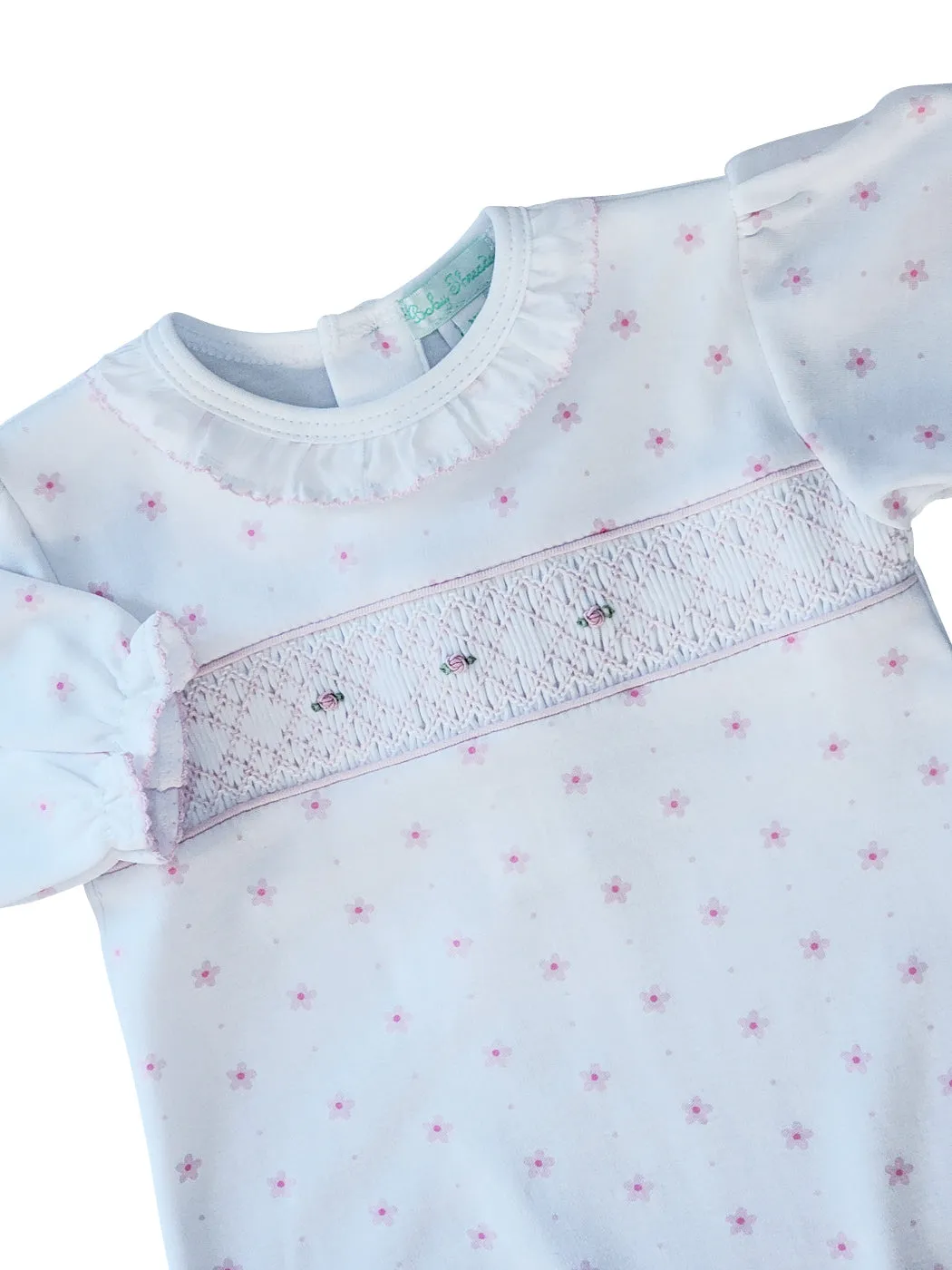 Pink Flower Print Baby Pima Cotton smocked gown