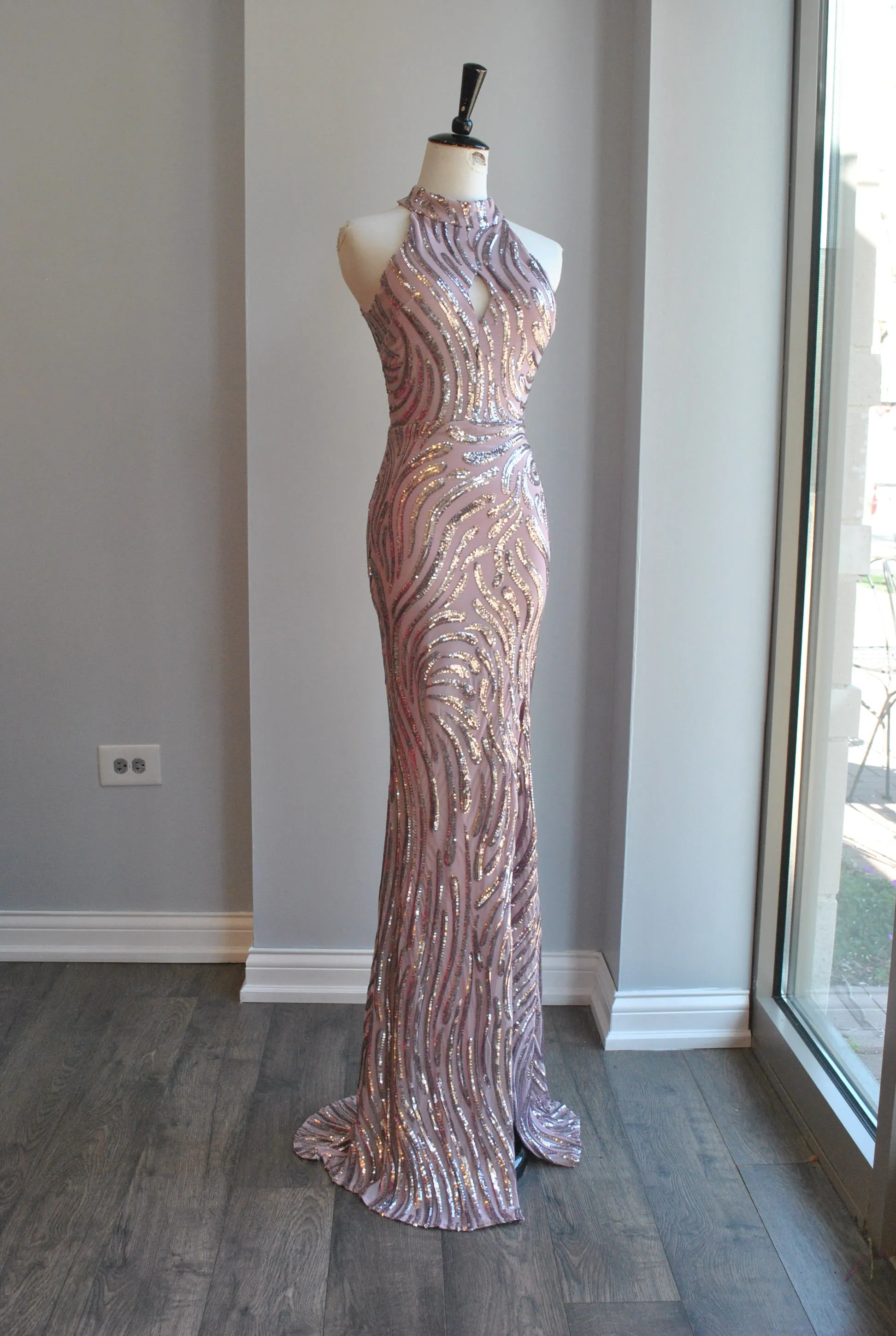PINK LAVENDER SEQUIN LONG EVENING HALTER STYLE GOWN