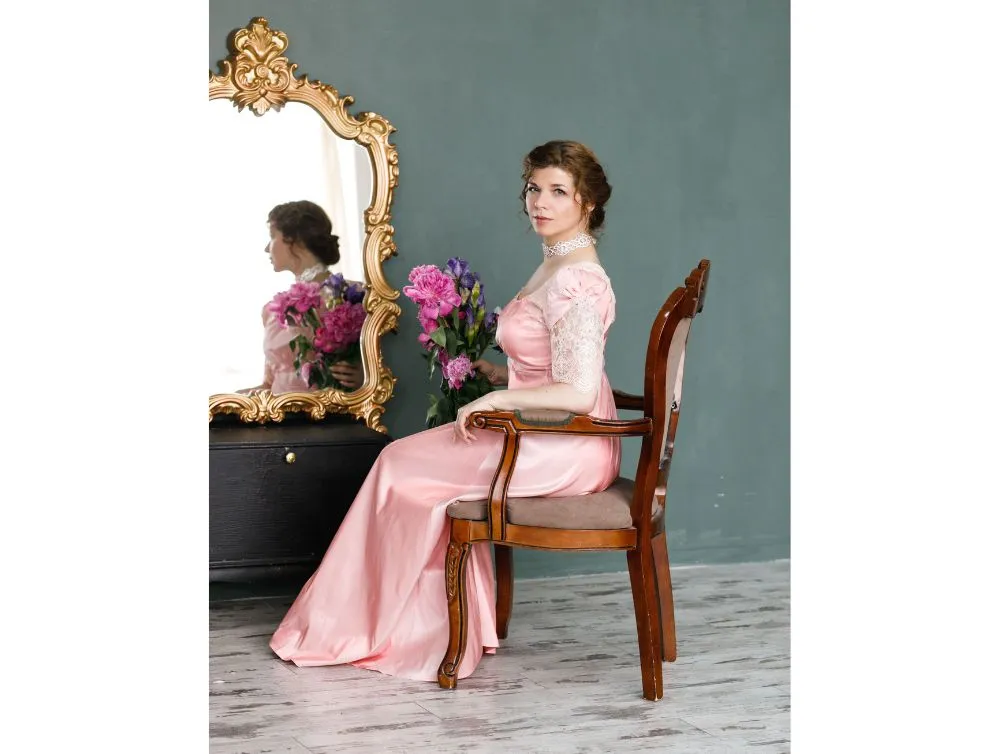 Pink Regency gown with laces