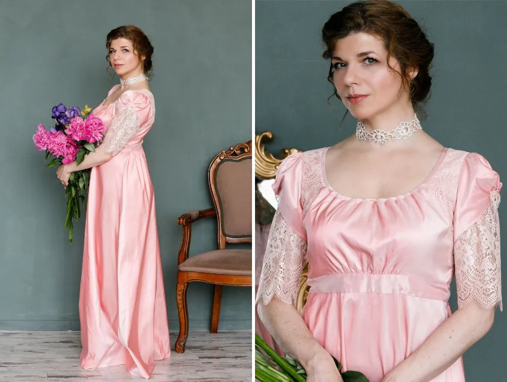Pink Regency gown with laces