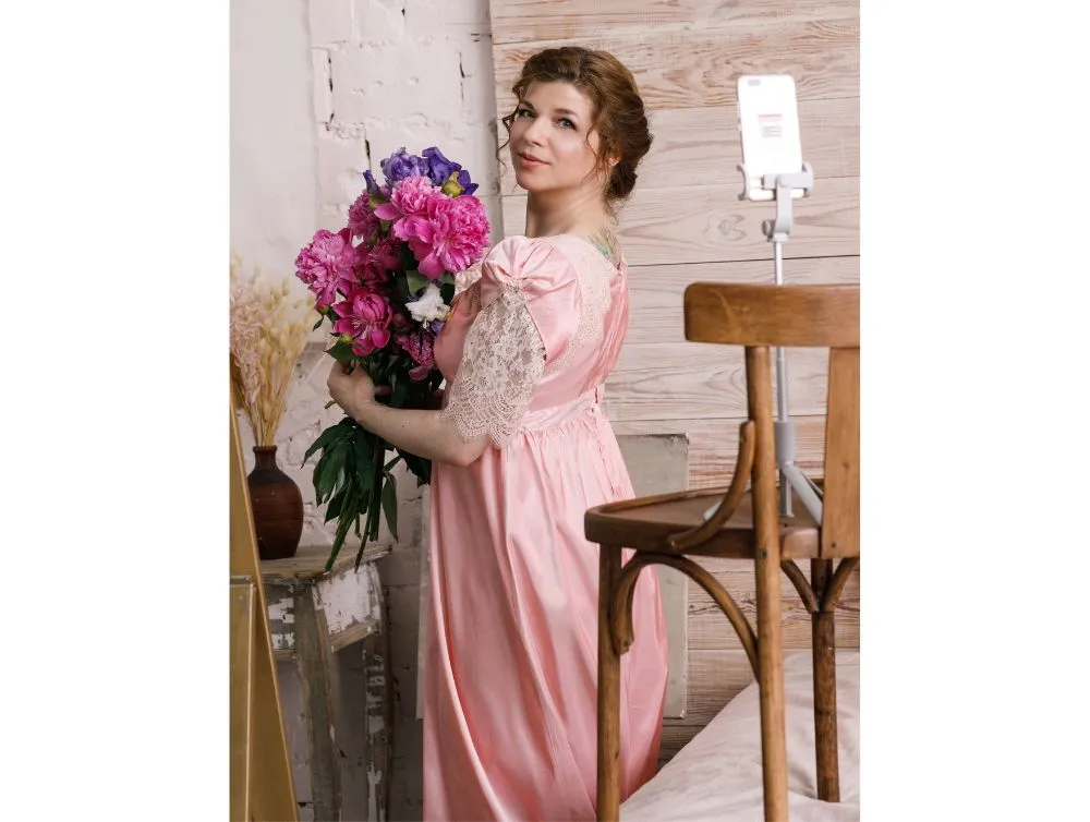 Pink Regency gown with laces