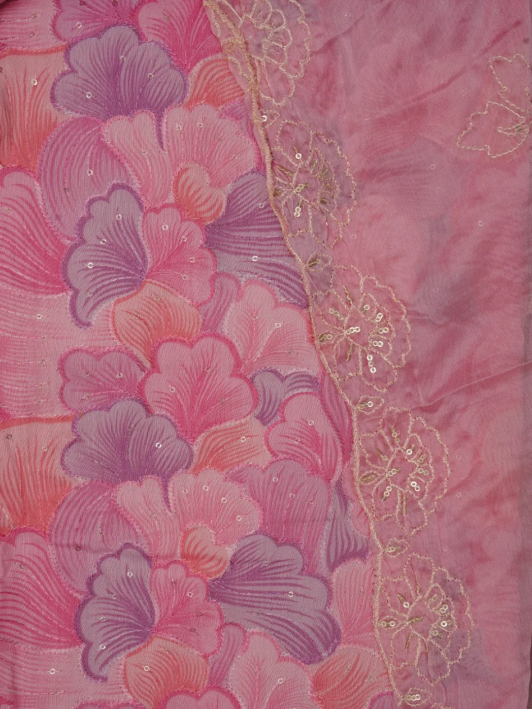 Pink Sequin Embellished Floral Printed Cotton Dress Material with Dupatta