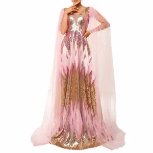 Pink Sequin Prom Dress Cape Sleeve A-Line Gauze Event Gown