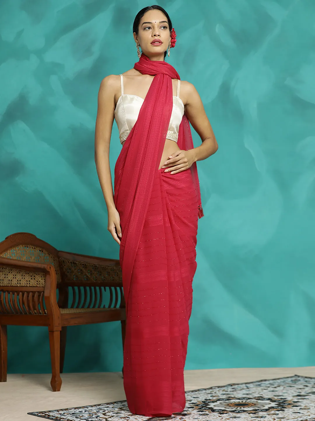 Pink Silk Blend Party Wear Saree