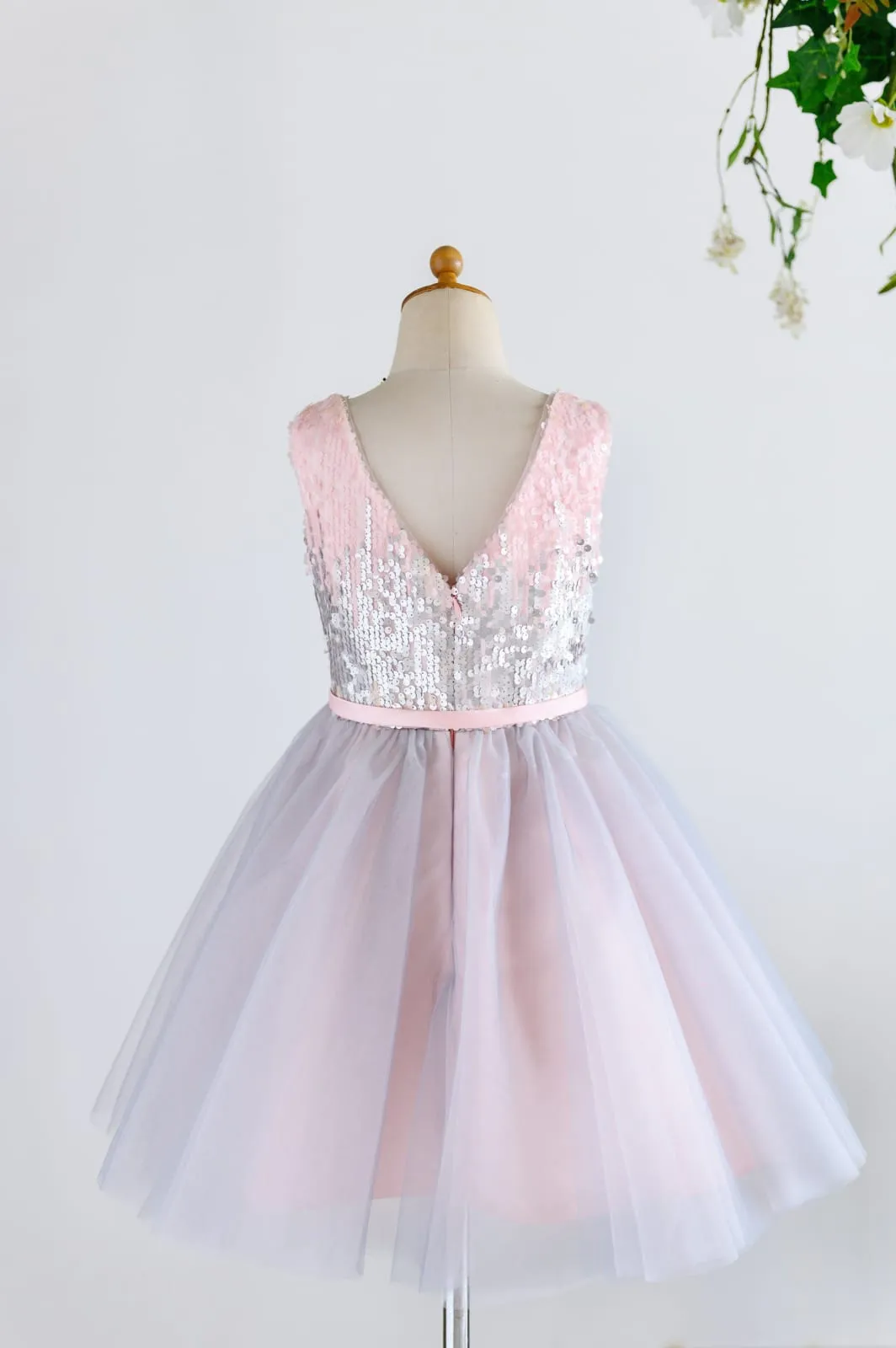 Pink Silver Gray Sequin Tulle V Neck Wedding Flower Girl Dress