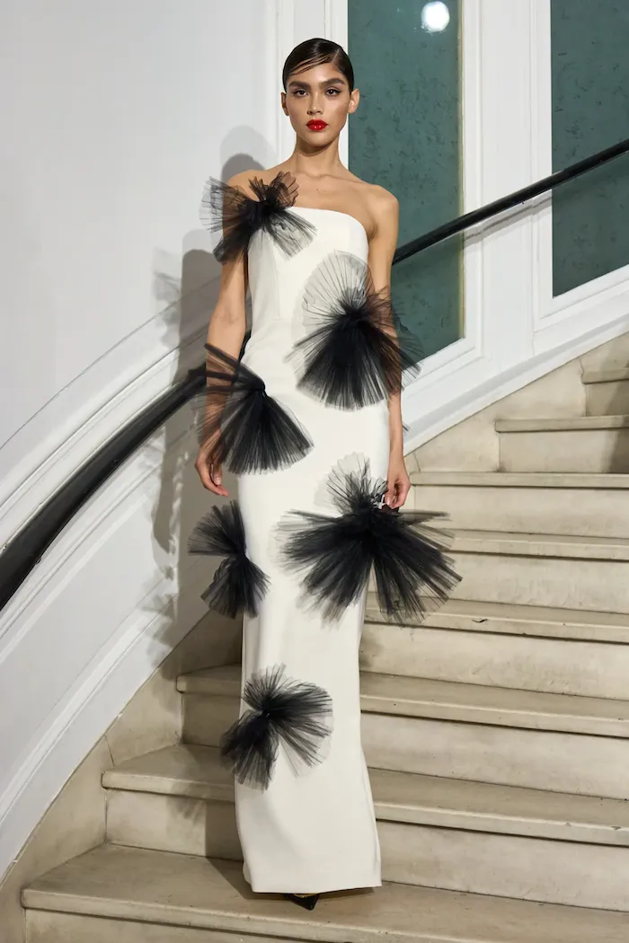 Pleated Tulle Bow Column Gown