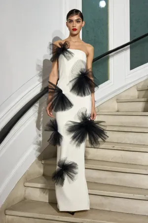 Pleated Tulle Bow Column Gown