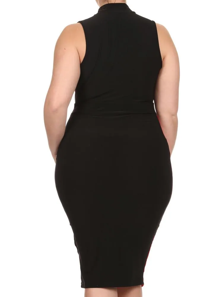 Plus Size Color Block Paneled Red Midi Dress