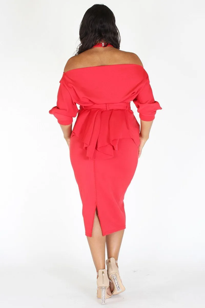 Plus Size Glow Up Off Shoulder Waist Tie Peplum Dress [PRE-ORDER 25% OFF]