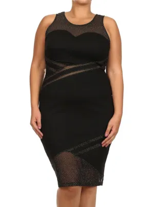 Plus Size Sweetheart Glitter Mesh Gold Midi Dress