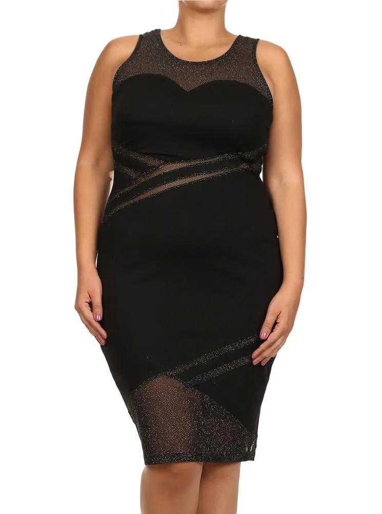Plus Size Sweetheart Glitter Mesh Gold Midi Dress
