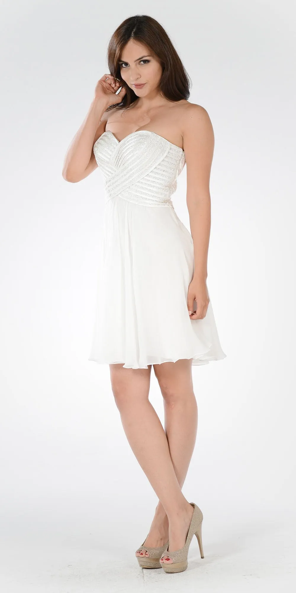 Poly USA 7716 Strapless Embellished Bodice A-line Chiffon Short Dress