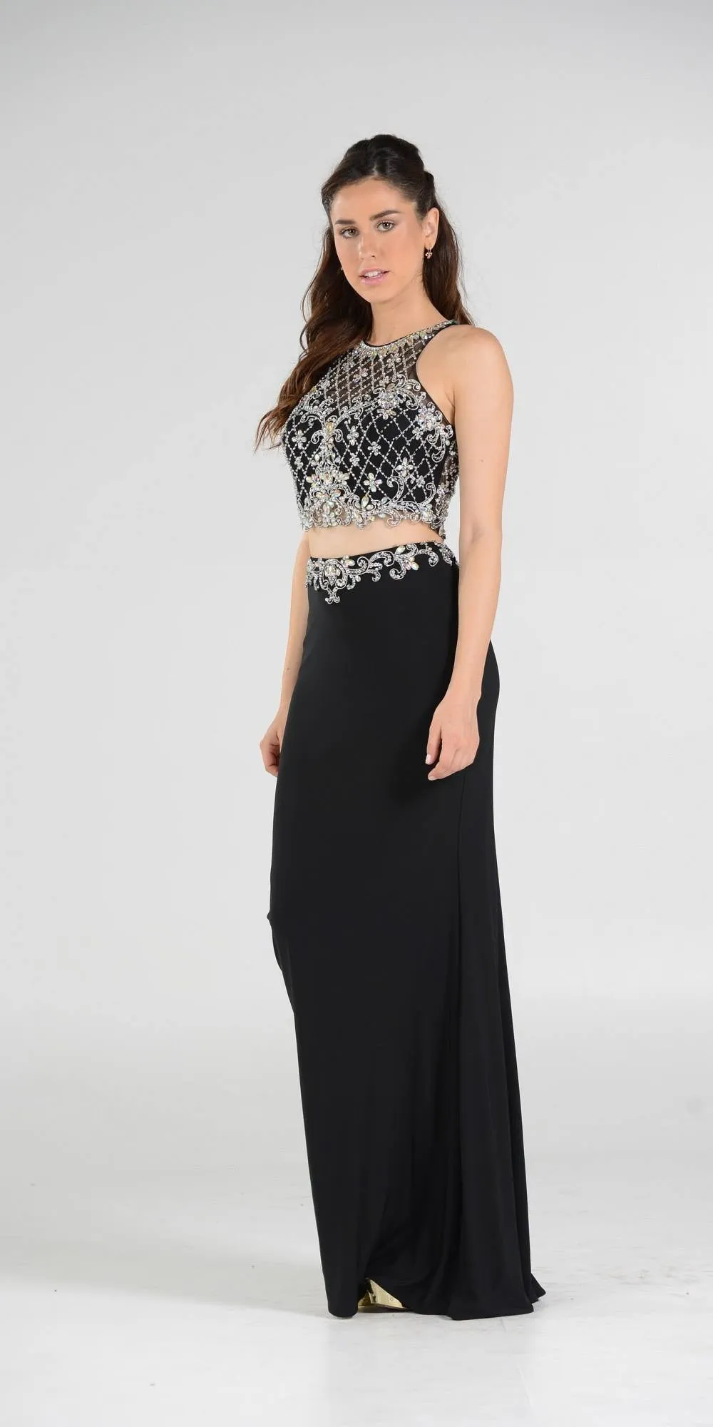 Poly USA 7926 Two-Piece Gown Embellished Crop Top and ITY Skirt