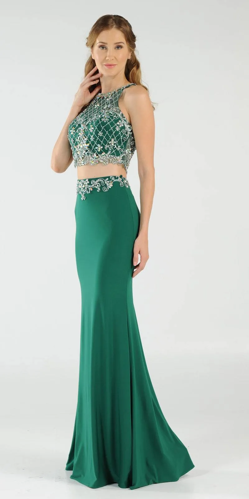 Poly USA 7926 Two-Piece Gown Embellished Crop Top and ITY Skirt
