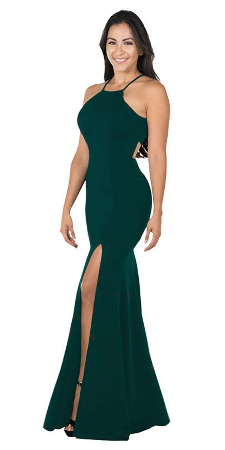 Poly USA 8156 Halter Long Dress Cut-Out Back with Slit