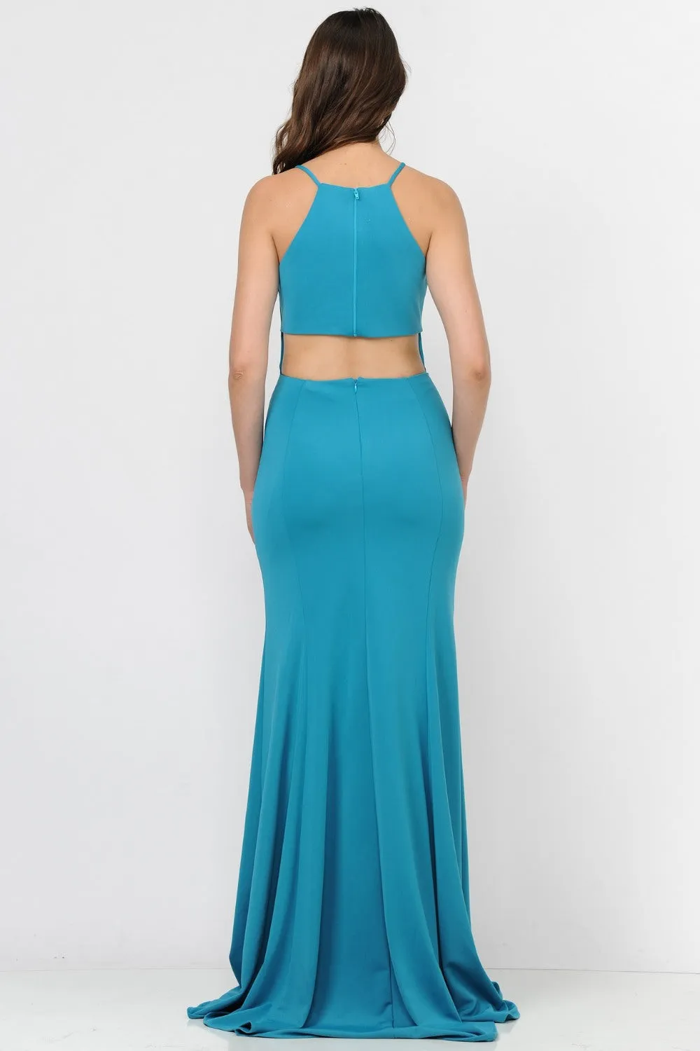 Poly USA 8156 Halter Long Dress Cut-Out Back with Slit
