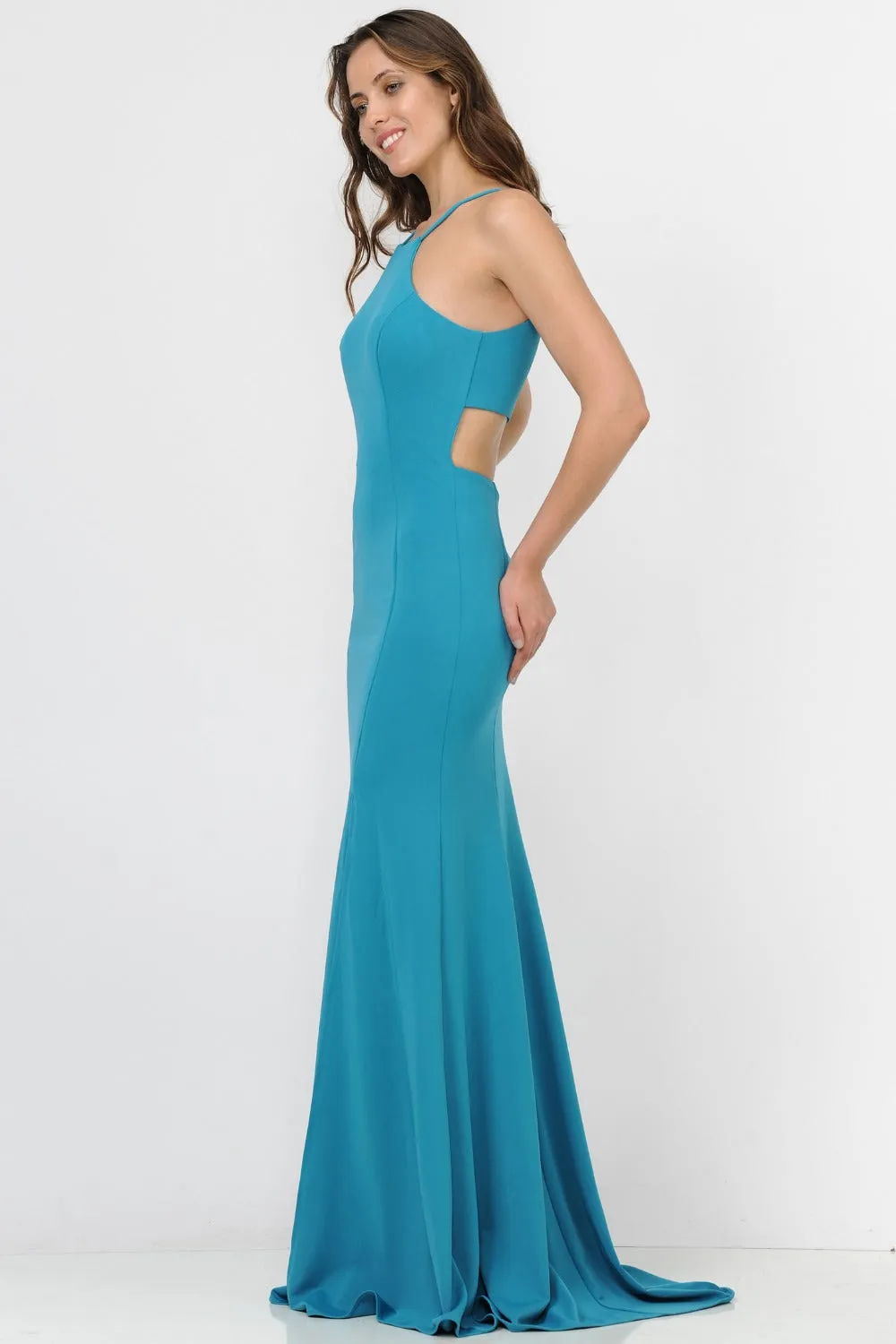 Poly USA 8156 Halter Long Dress Cut-Out Back with Slit