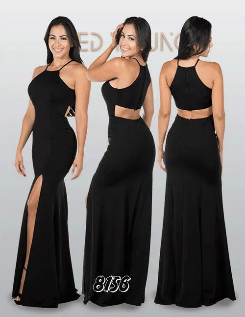Poly USA 8156 Halter Long Dress Cut-Out Back with Slit