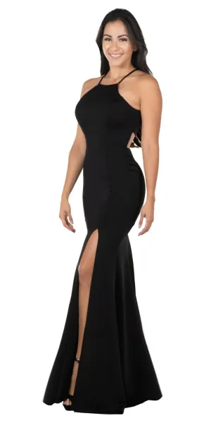 Poly USA 8156 Halter Long Dress Cut-Out Back with Slit