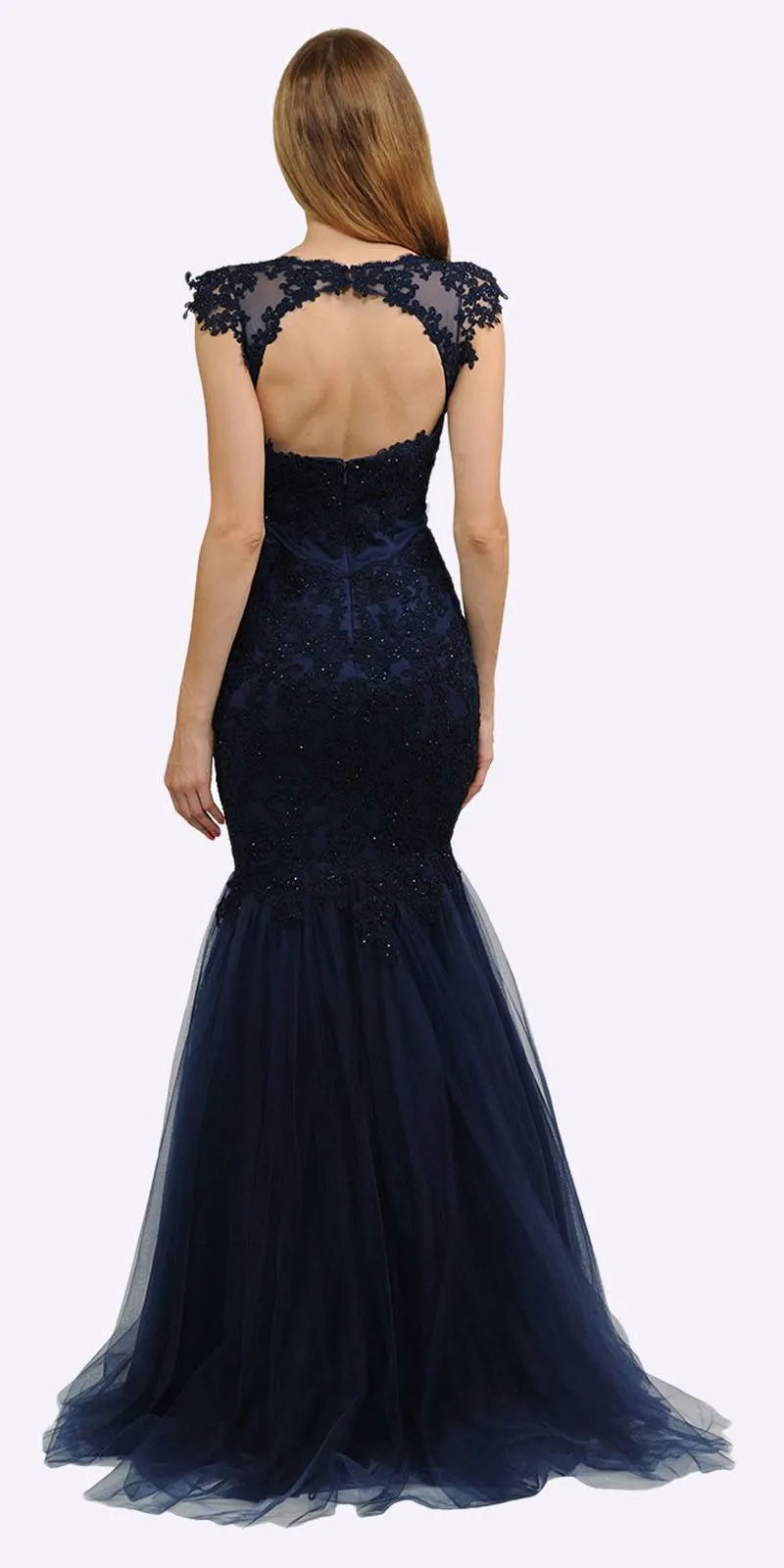 Poly USA 8226 Appliqued Mermaid Dress Cut-Out Back Cap Sleeve