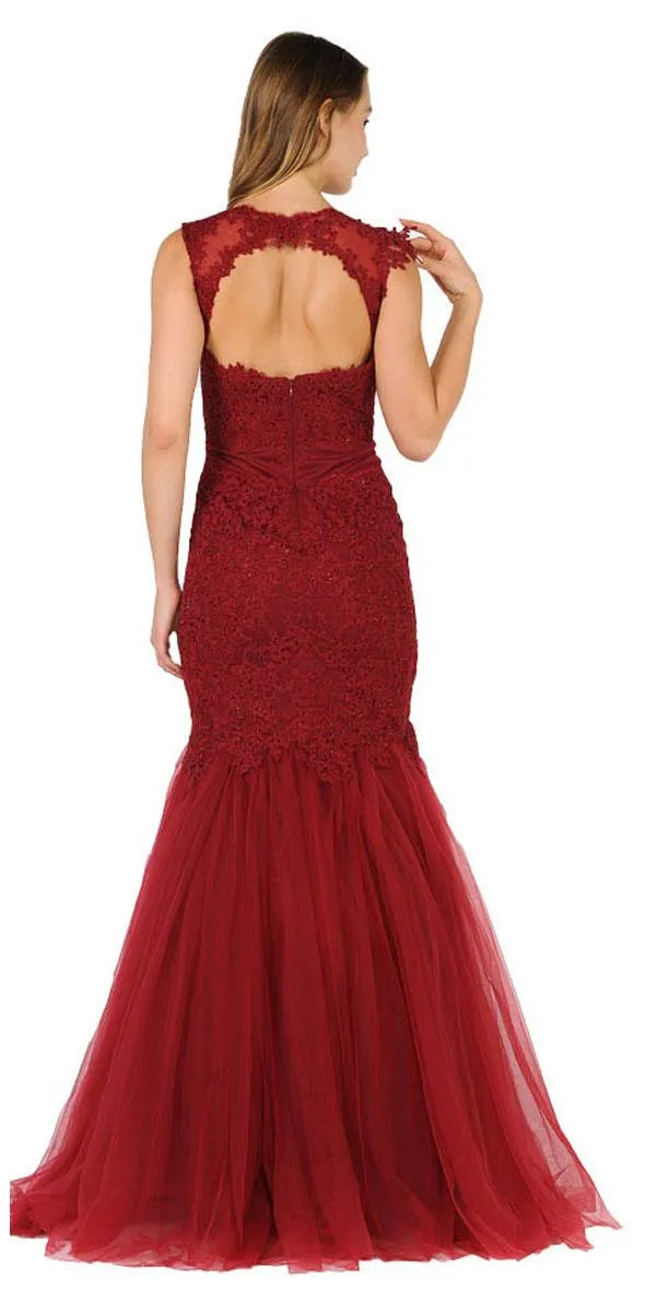 Poly USA 8226 Appliqued Mermaid Dress Cut-Out Back Cap Sleeve