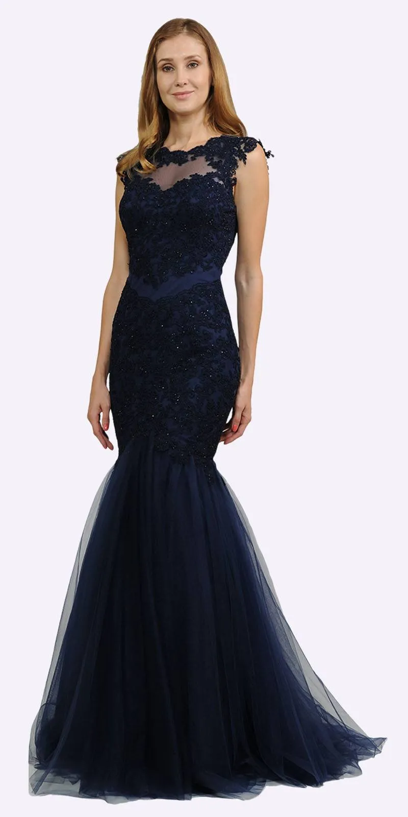 Poly USA 8226 Appliqued Mermaid Dress Cut-Out Back Cap Sleeve