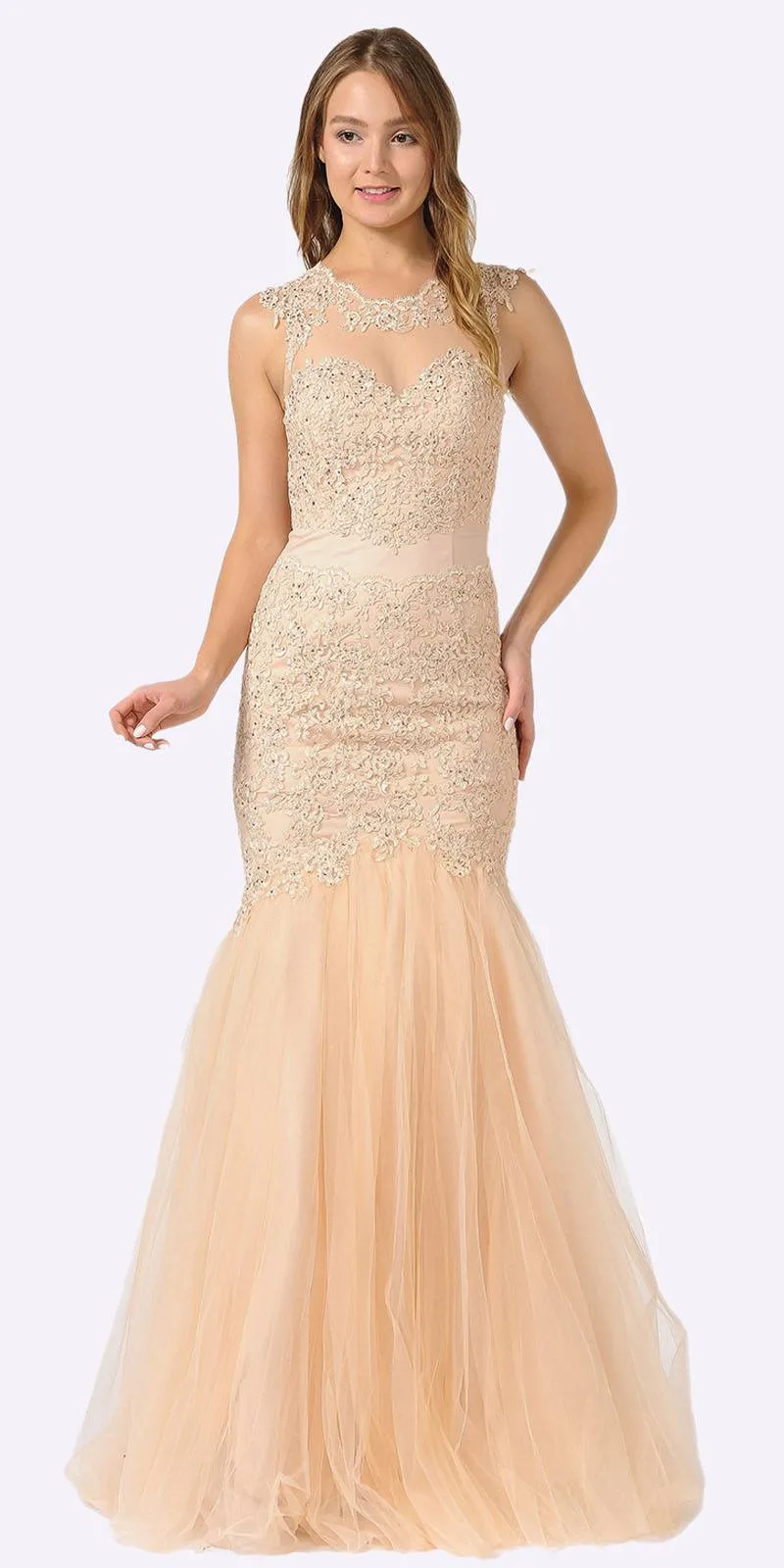 Poly USA 8226 Appliqued Mermaid Dress Cut-Out Back Cap Sleeve