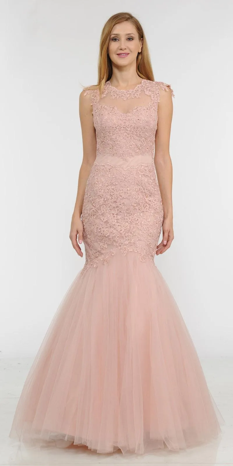 Poly USA 8226 Appliqued Mermaid Dress Cut-Out Back Cap Sleeve