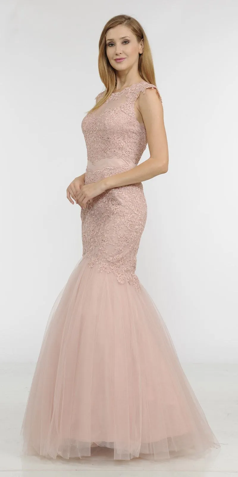 Poly USA 8226 Appliqued Mermaid Dress Cut-Out Back Cap Sleeve