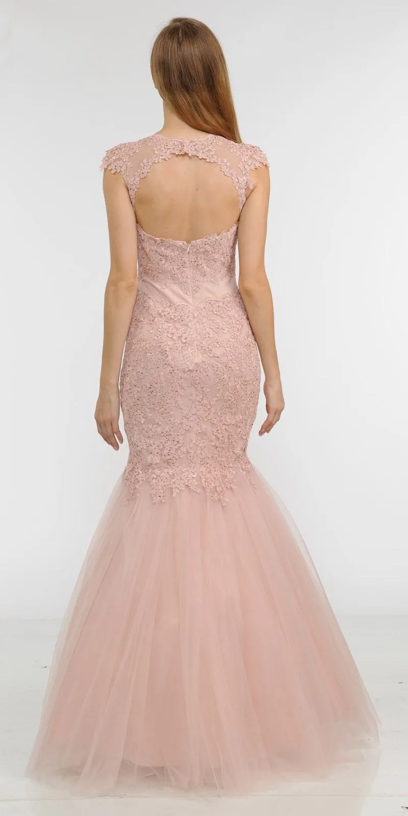 Poly USA 8226 Appliqued Mermaid Dress Cut-Out Back Cap Sleeve