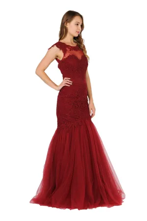 Poly USA 8226 Appliqued Mermaid Dress Cut-Out Back Cap Sleeve