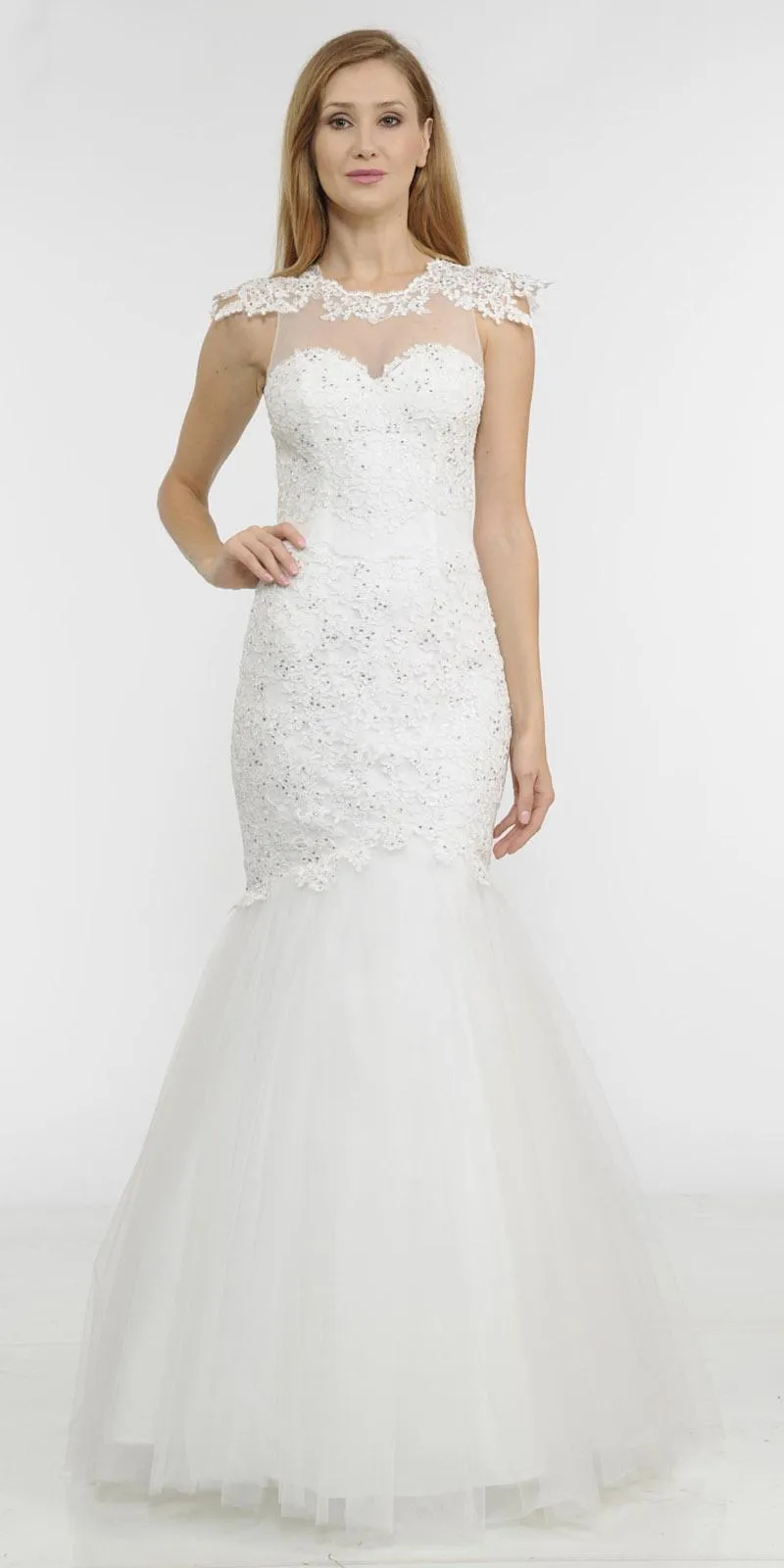 Poly USA 8226 Appliqued Mermaid Dress Cut-Out Back Cap Sleeve