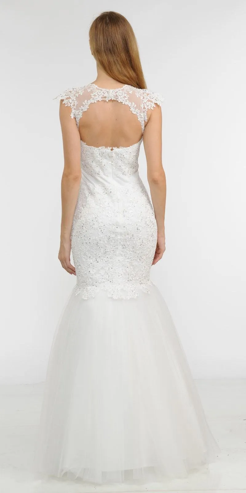 Poly USA 8226 Appliqued Mermaid Dress Cut-Out Back Cap Sleeve