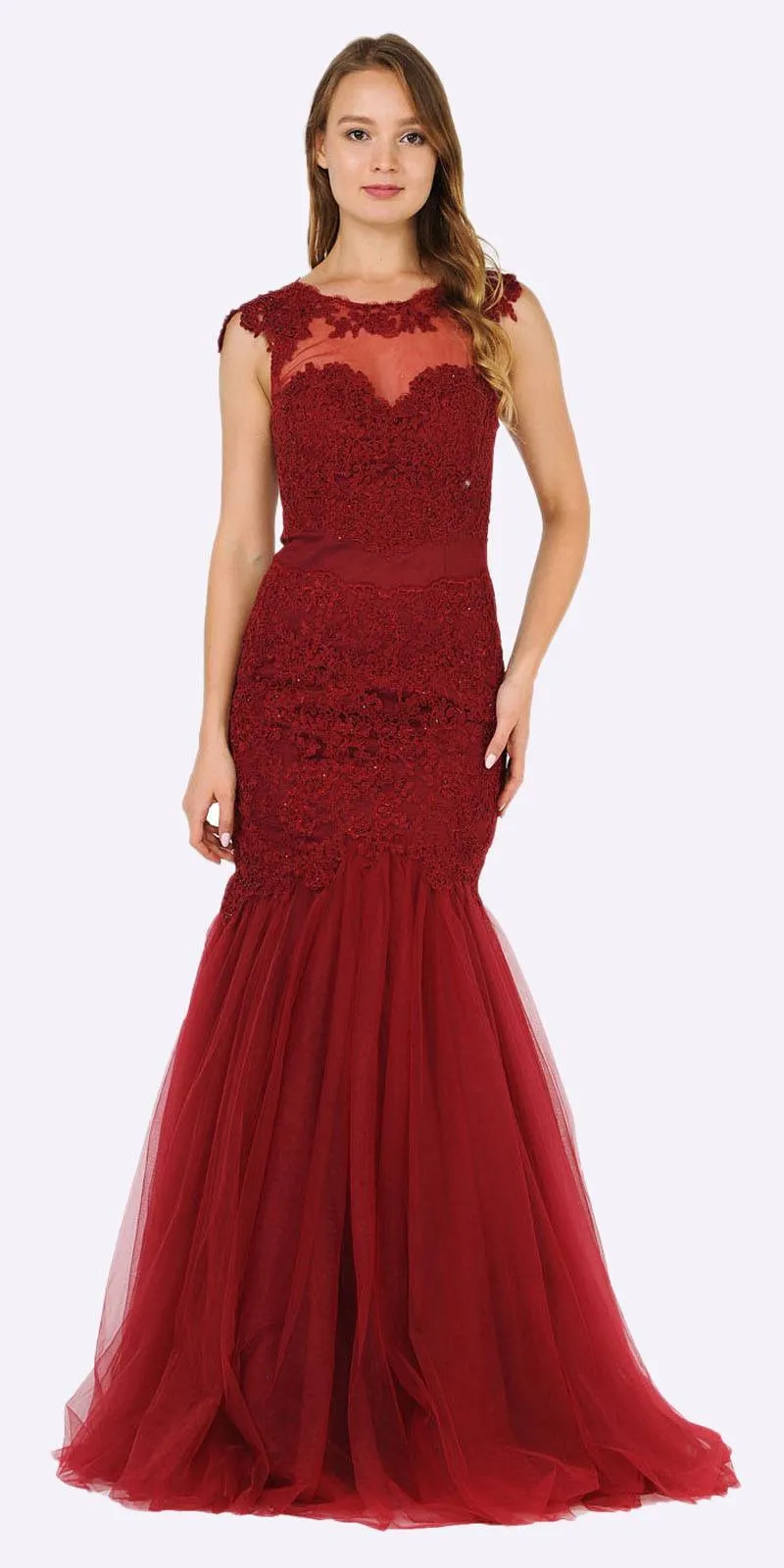 Poly USA 8226 Appliqued Mermaid Dress Cut-Out Back Cap Sleeve