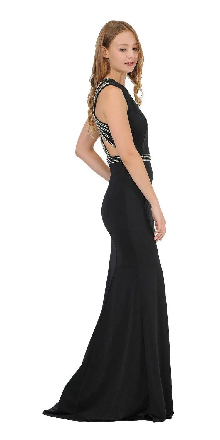 Poly USA 8230 Sleeveless Long Prom Dress Beaded Open Back