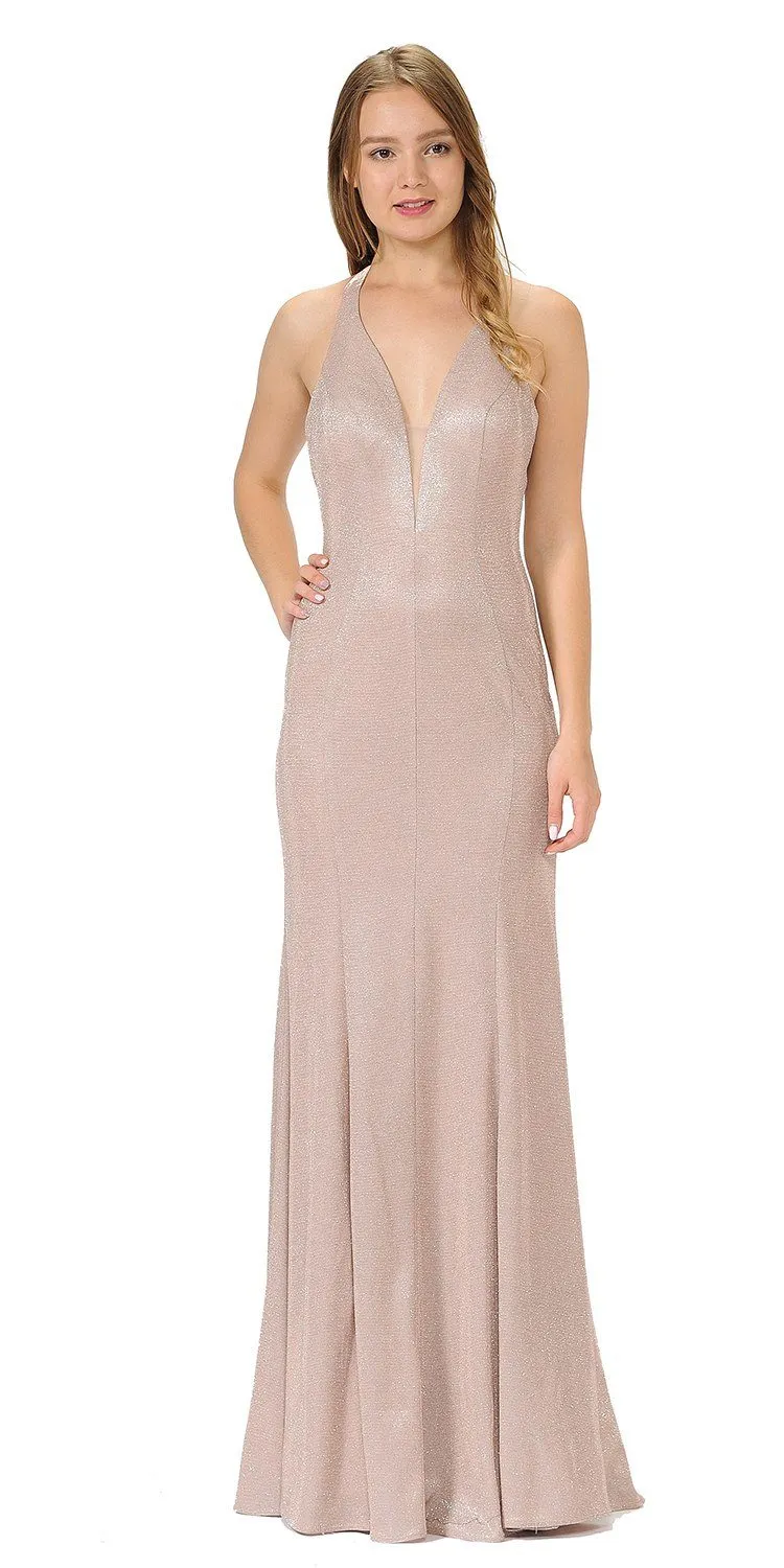 Poly USA 8384 Fitted Long Halter V-Neck Evening Dress