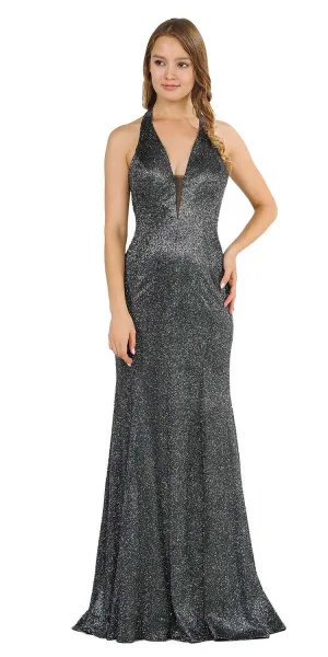 Poly USA 8384 Fitted Long Halter V-Neck Evening Dress