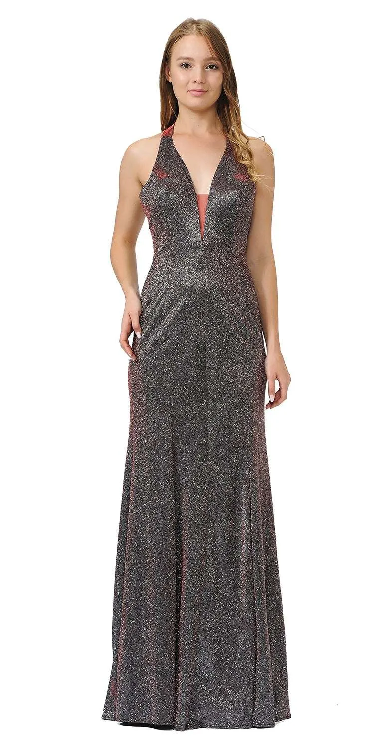 Poly USA 8384 Fitted Long Halter V-Neck Evening Dress