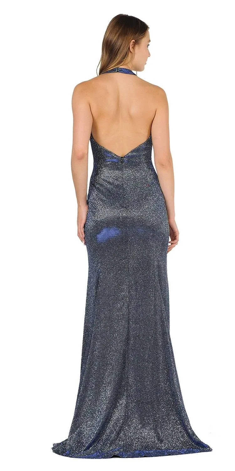 Poly USA 8384 Fitted Long Halter V-Neck Evening Dress