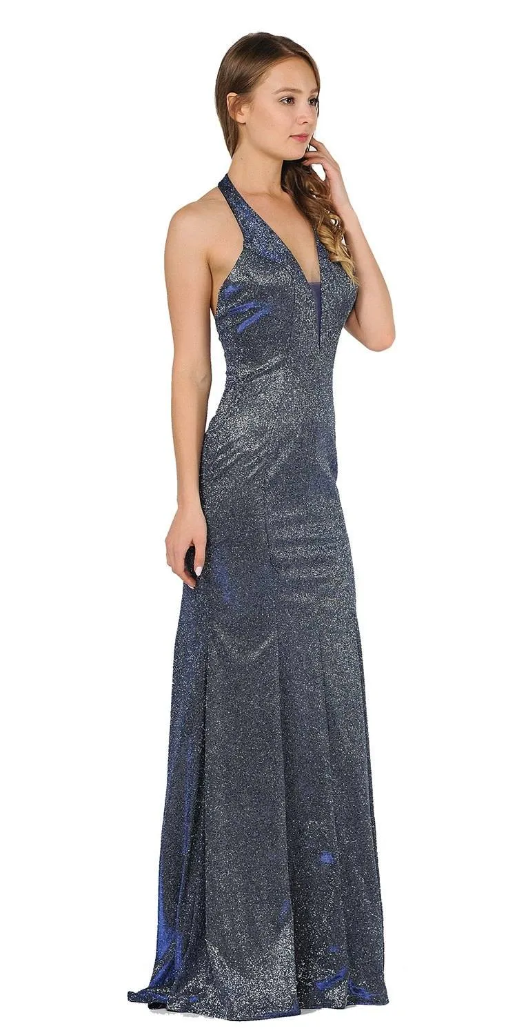 Poly USA 8384 Fitted Long Halter V-Neck Evening Dress