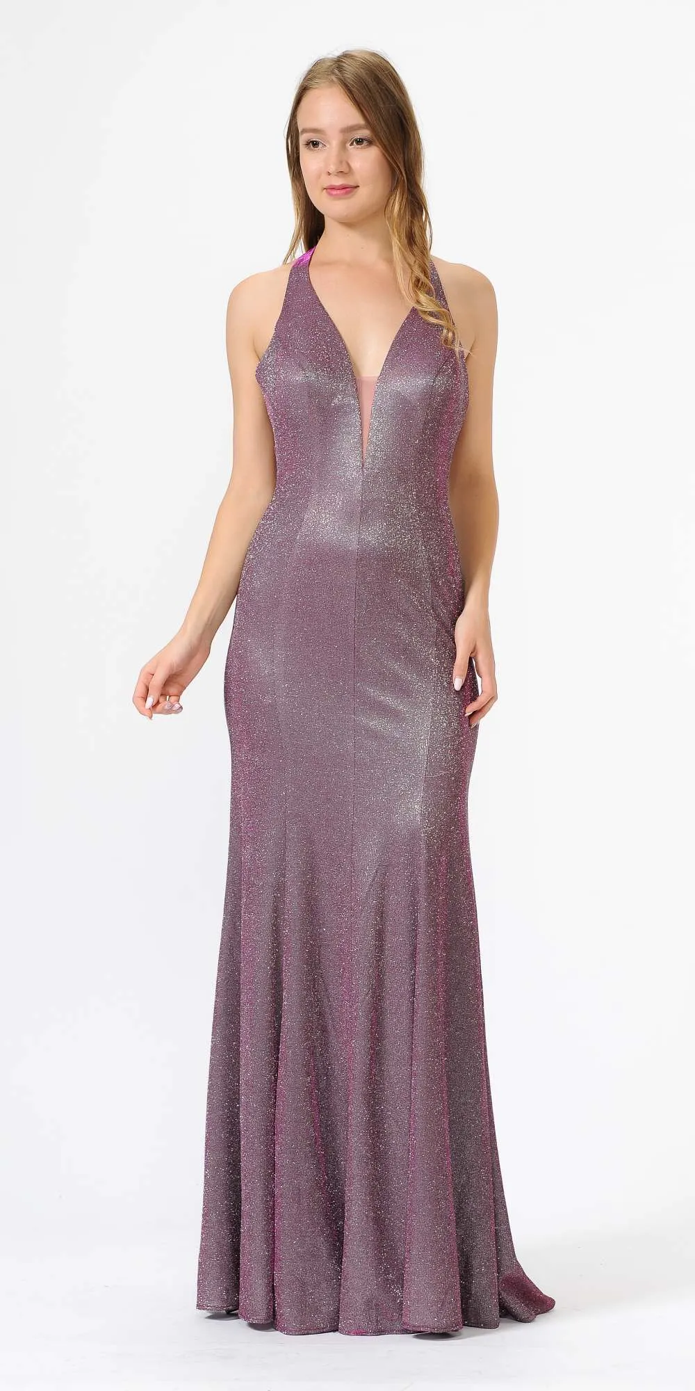 Poly USA 8384 Fitted Long Halter V-Neck Evening Dress
