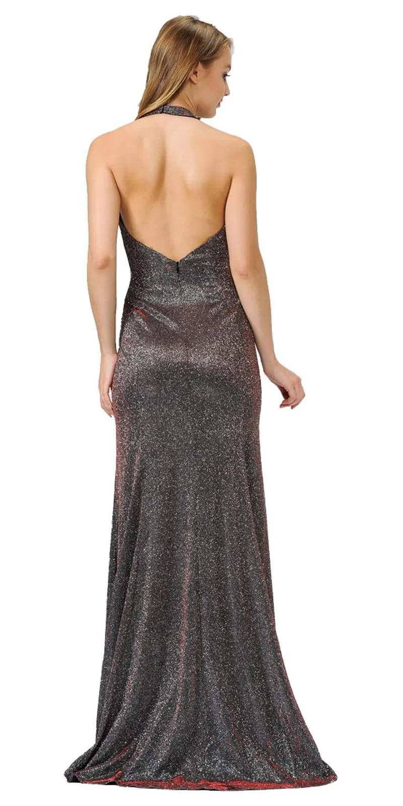 Poly USA 8384 Fitted Long Halter V-Neck Evening Dress