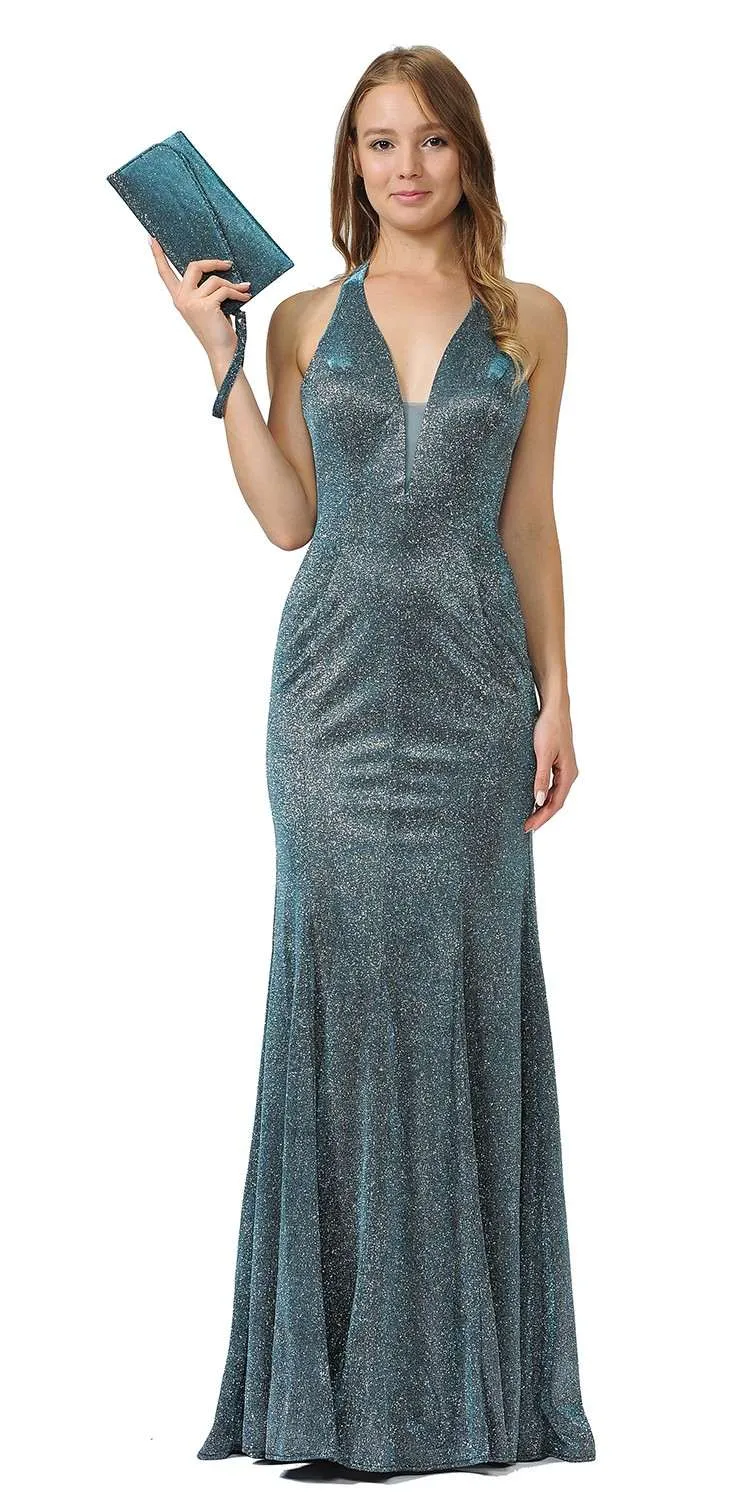 Poly USA 8384 Fitted Long Halter V-Neck Evening Dress
