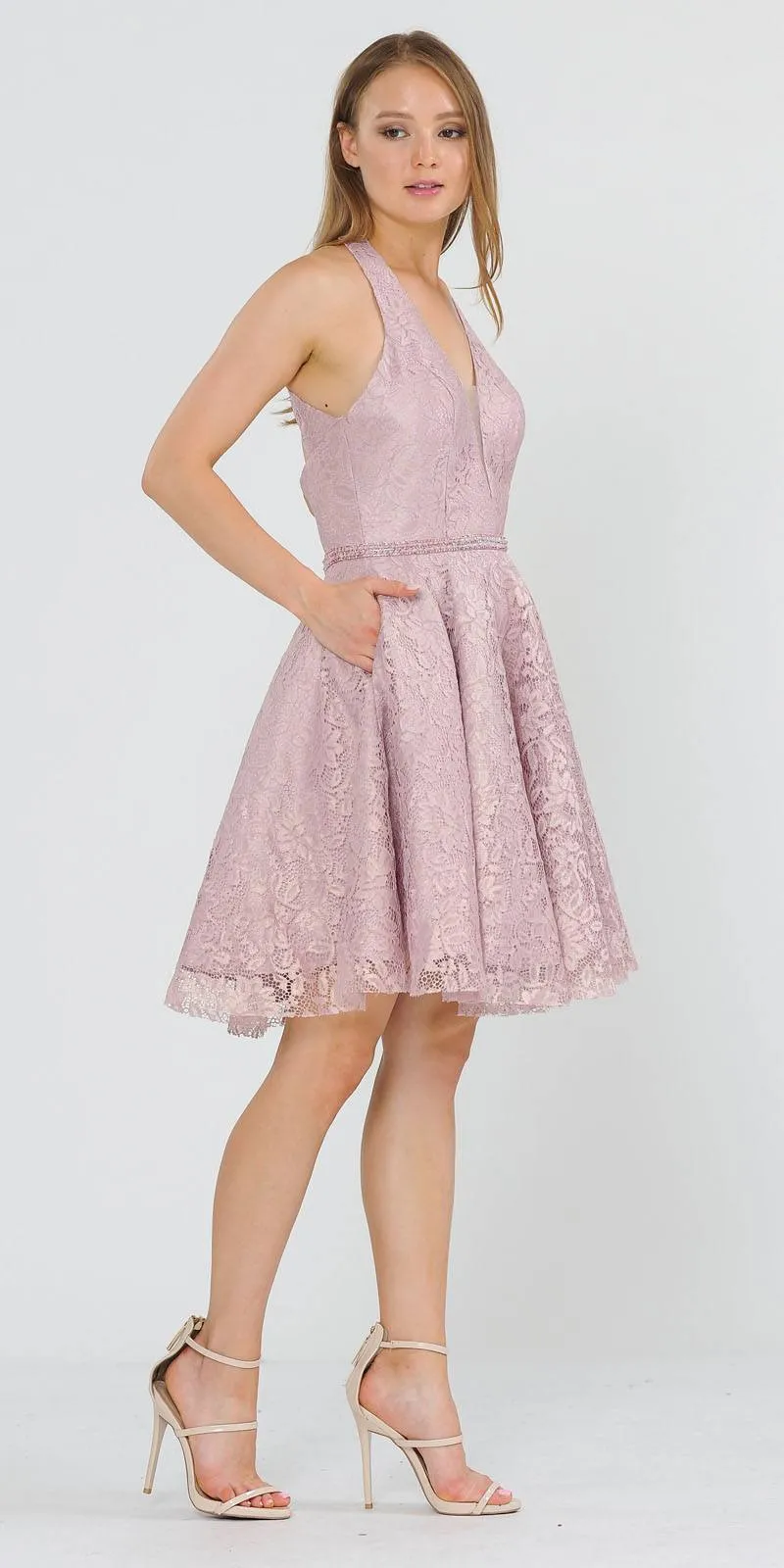Poly USA 8428 Halter V-Neck Lace Short Dress