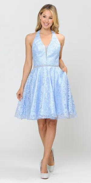 Poly USA 8428 Halter V-Neck Lace Short Dress