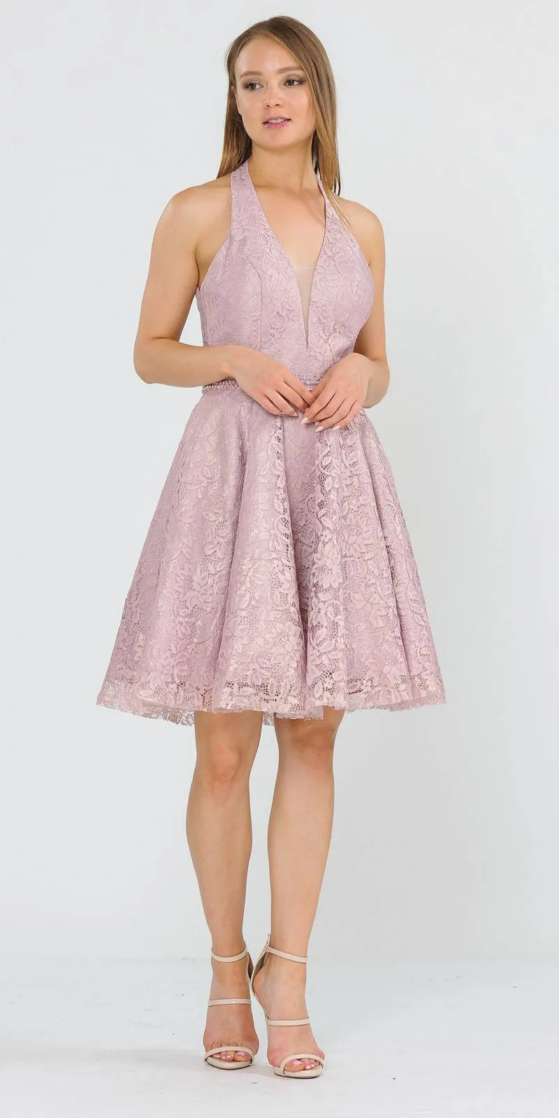 Poly USA 8428 Halter V-Neck Lace Short Dress
