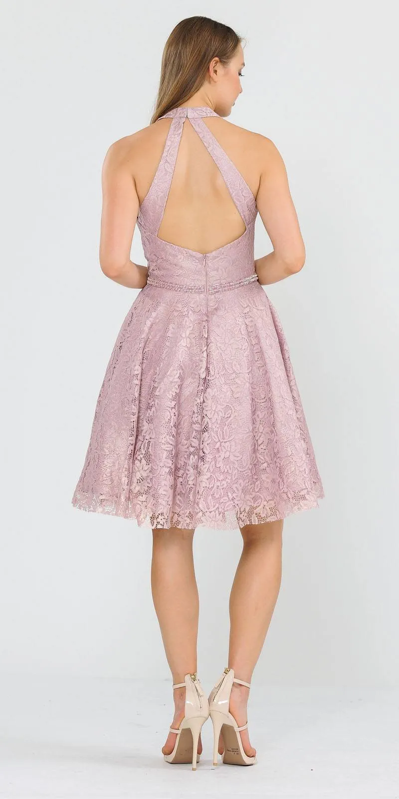 Poly USA 8428 Halter V-Neck Lace Short Dress
