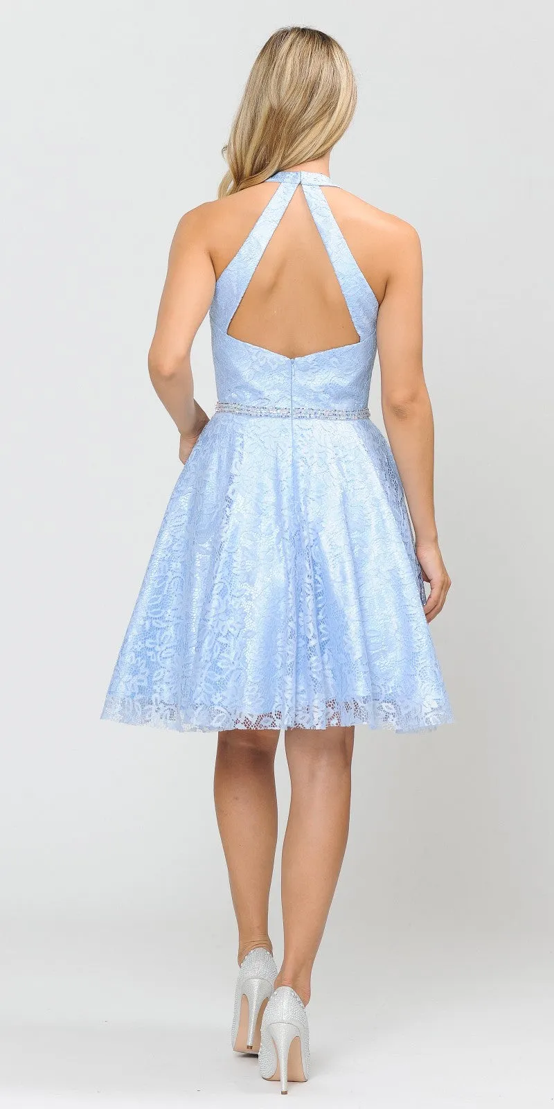 Poly USA 8428 Halter V-Neck Lace Short Dress