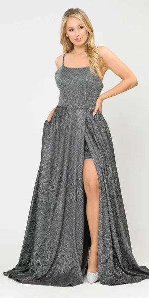 Poly USA 8700 Glitter Knit Lace-Up Back Romper Style Long Dress