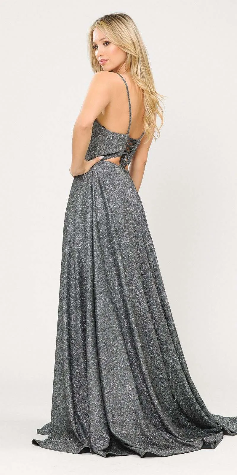 Poly USA 8700 Glitter Knit Lace-Up Back Romper Style Long Dress